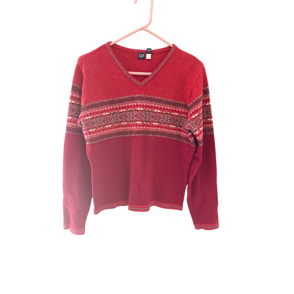 Gap Vintage Red Fair Isle 100% Lambswool V-Neck Sweater Womens Large Fall